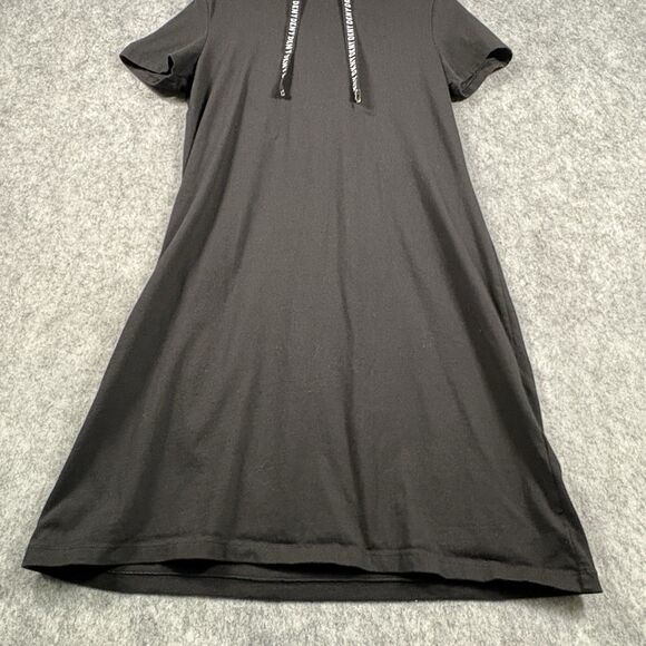 DKNY Athleisure Black Hooded Logo A Line Dress Sz Med Stretch Knit Short Sleeve - Picture 4 of 11